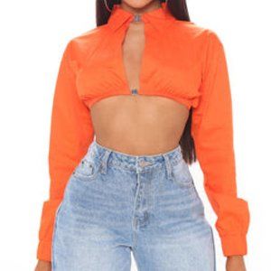 Orange Keyhole Crop Top Long Sleeve Shirt